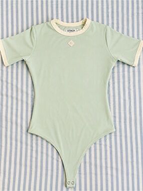 Strada Mint Green Short-Sleeve Bodysuit with Cream Trim